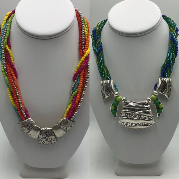 J J Brand Set of 2 Vintage Braided Multi Layered Beaded Statement Necklaces - Picture 1 of 15